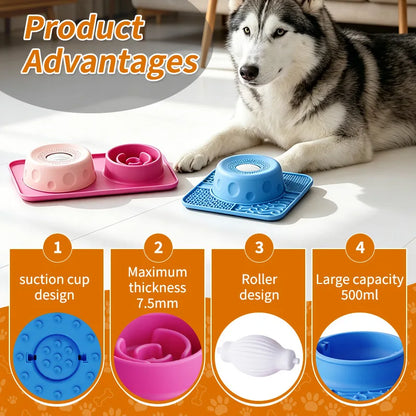 New Double-bowl Pet Licks-and-eats Bowls with Fun Rollers At The Bottom and Suction Cups. for Dogs and Cats. Licking Pads.