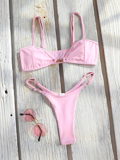 Miyouj Bandage Swimwear Summer Swimsuit High Cut Bikini Set Solid Sexy 2-Piece Suit New Bathsuit Hollow Out Thongs Beachwear