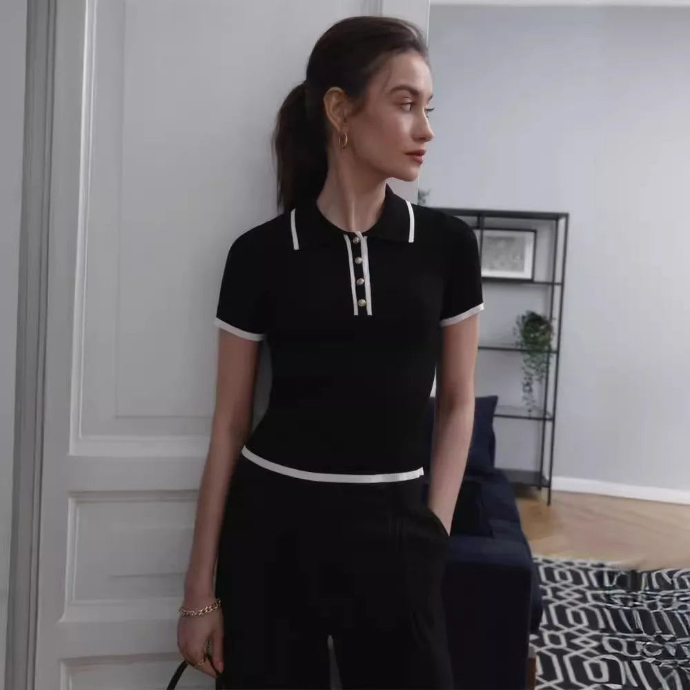 Tossy Knit Sweater Pullover Women Short Sleeve Patchwork Slim Lapel Elegant Contrast Knitwear Top Female Skinny Ribbed Pullover