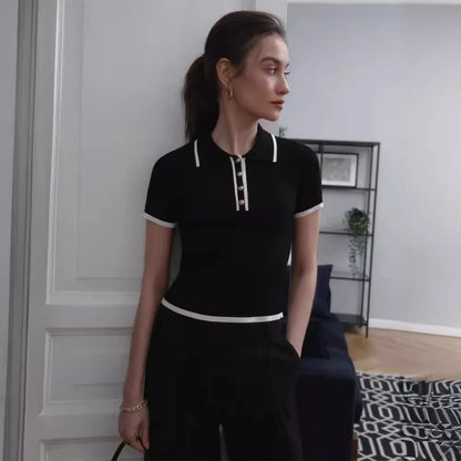 Tossy Knit Sweater Pullover Women Short Sleeve Patchwork Slim Lapel Elegant Contrast Knitwear Top Female Skinny Ribbed Pullover