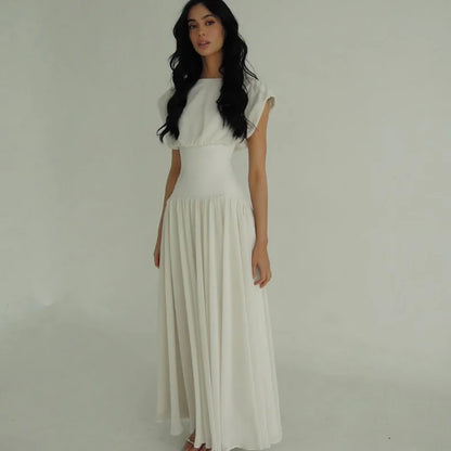 Elegant Sleeveless Girdling Long Dress Women O-neck High Waist Solid A-line Long Big Swing Dresses 2025 Summer Holiday Lady Robe