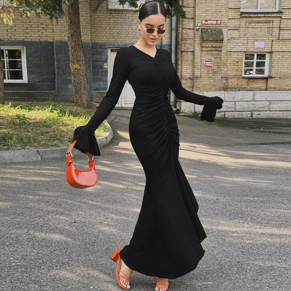 Women Elegant Ruffle Hem White Long Dress Fashion Shirring V-neck Flare Long Sleeve Dresses 2024 New Evening Party Robes Vestido