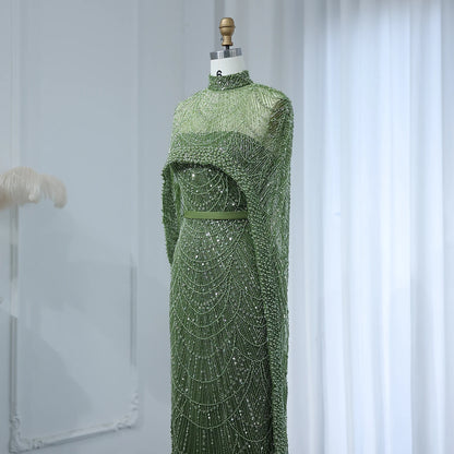 Sharon Said Luxury Pearls Dubai Champagne Evening Dresses with Cape New Arabic Women Mermaid Wedding Party Prom Dress SS369