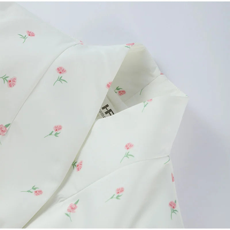White Waist Cinching Floral Shoulder Pad Blazer Long Sleeve Single Breasted Jacket for Summer 2025 Elagant Female Outwear