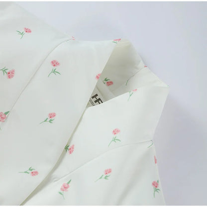 White Waist Cinching Floral Shoulder Pad Blazer Long Sleeve Single Breasted Jacket for Summer 2025 Elagant Female Outwear