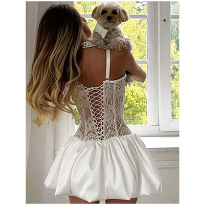 Lace Patchwork Corset Sling Dress Women Sexy Sleeveless Off-shoulder High Waist Slim Mini Dresses 2026 Lady Evening Party Gowns
