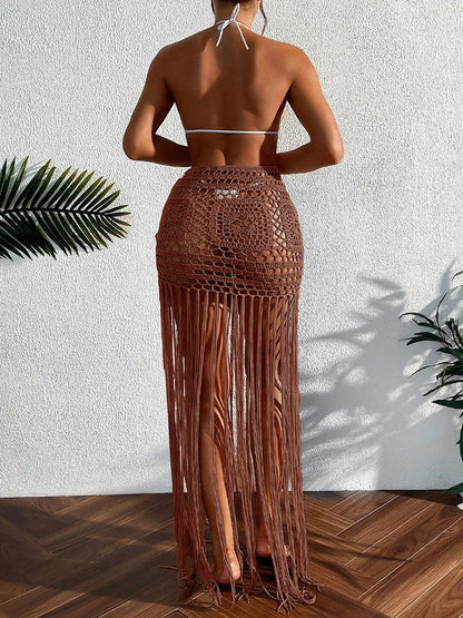 Crochet Tassel Bikini Cover Up Dress Beach Wear Women Tie Up Bather Bathing Suit Tassel Long Skirt Swimsuit Cover Up Beach Dress