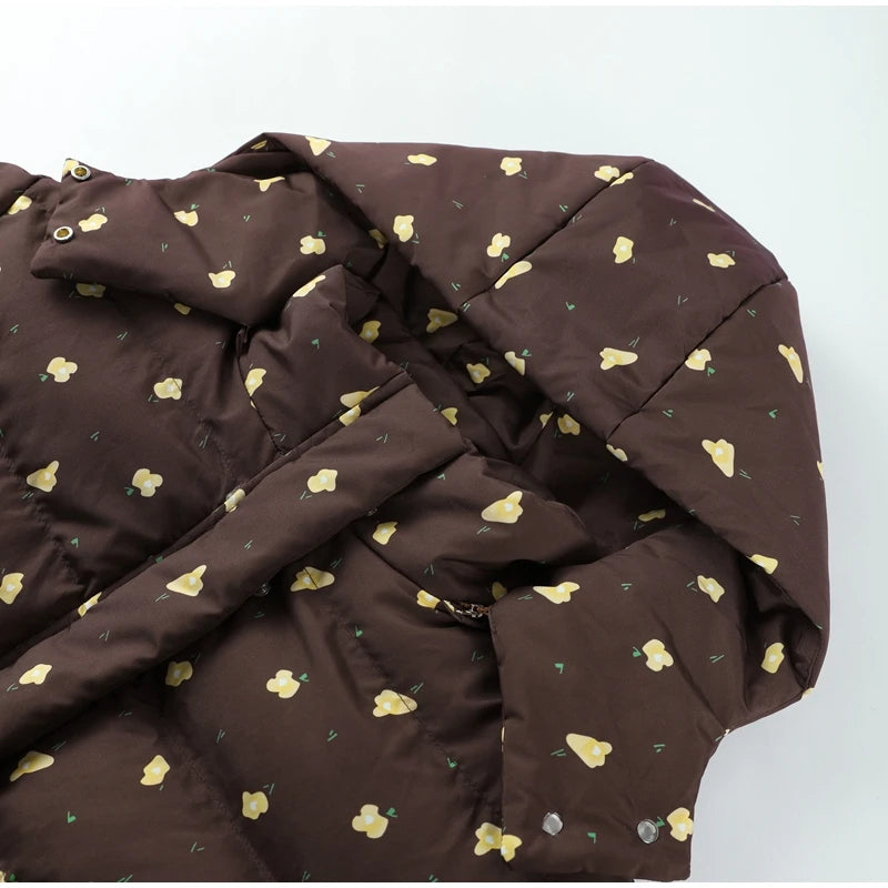 Printed Hooded Puffy Cotton Jacket Women Stand Collar Long Sleeve Zipper Loose Padded Coats 2025 Winter Lady Warm Outwear Street