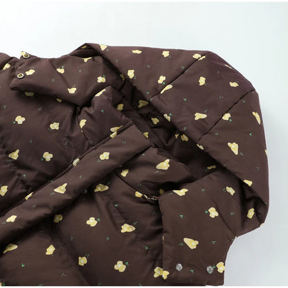 Printed Hooded Puffy Cotton Jacket Women Stand Collar Long Sleeve Zipper Loose Padded Coats 2025 Winter Lady Warm Outwear Street