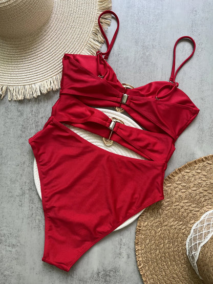 3 Colors Sexy Metal Rings Cut Out Women Swimwear One Piece Swimsuit Female Bandeau High Leg Cut Bather Bathing Suit Swim B022D