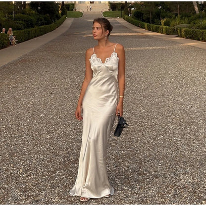 Lace Patchwork Sling Maxi Dress Women Sexy Solid V-neck Sleeveless Backless Satin Slim Long Gown Lady Chic Evening Party Dresses
