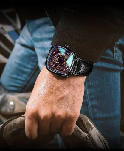 GLENAW Mechanical Watch for Men Breathable Leatherstainless Steel Automatic Skeleton Mens Watches Top Brand Luxury Reloj Hombre