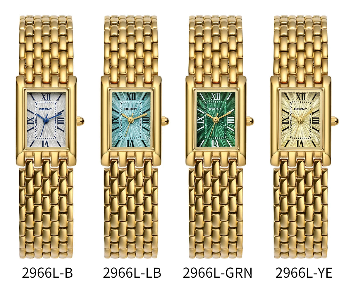 BERNY Luxury Women's Watches Fashion Ladies Square Casual Golden Quartz Watch Solid Stainless Steel Rectangle Girls Wristwatch