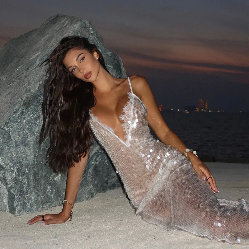 Sequins Lace Splicing Dress Women's Sexy V-veck Shiny Sleeveless Backless Sling Dresses 2026 Spring Summer New Ladies Beach Robe
