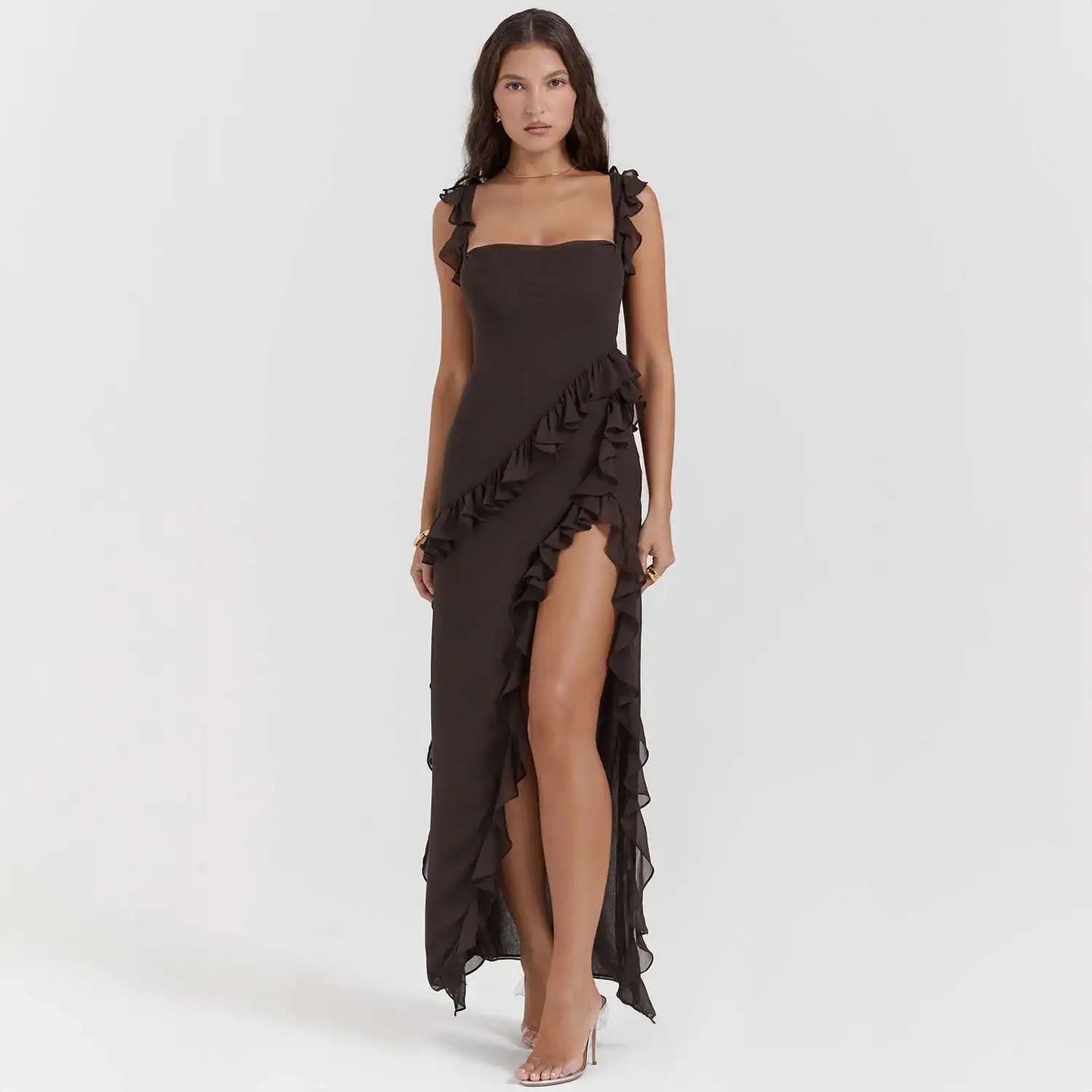 Giyu Sexy Ruffles Summer Dress 2025 Women Clothing Elegant Holiday Club Evening Party Dresses Slash Neck Split Bodycon Long Robe