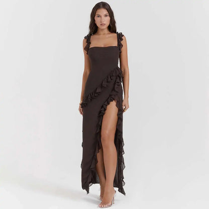 Giyu Sexy Ruffles Summer Dress 2025 Women Clothing Elegant Holiday Club Evening Party Dresses Slash Neck Split Bodycon Long Robe