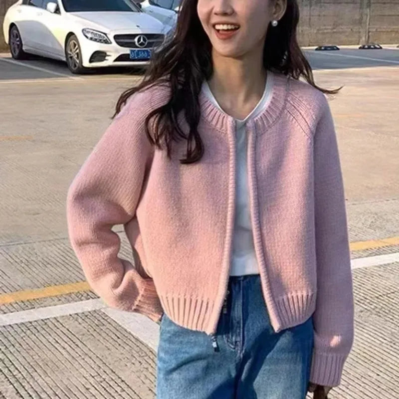 Korean Women Knitted Sweater Autumn Winter Chic Loose Long Sleeve Cardigan Tops Simple Solid Color Sweater Jacket