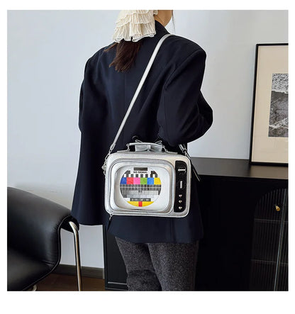 Cartoon Cute Handbags for Women Funny Retro TV Transparent Square Bag Fashion Leather Personalized Creative Shoulder Bag Woman