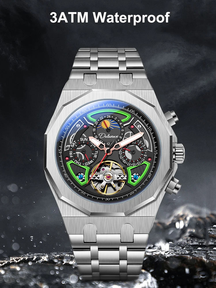 Luxury Tourbillon Watches Men Fashion Sport Rubber Strap Moon Phase Date Waterproof Automatic Mechanical Wrist Watch Man Reloj