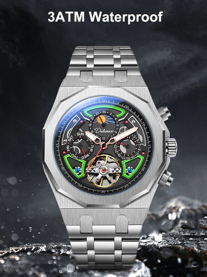 Luxury Tourbillon Watches Men Fashion Sport Rubber Strap Moon Phase Date Waterproof Automatic Mechanical Wrist Watch Man Reloj
