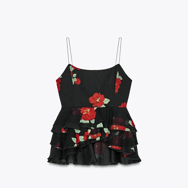 Printed Ruffle Top Skirt Set Women Slim Sling Sleeveless Backless Vest Straight Long Skirts 2025 Summer Elegant Sexy Lady Outfit