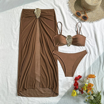 Vintage White Swimsuit Women Metal Oyster Buckle Push Up Mesh Long Skirt 3 Piece Bikini Set 2025 Holiday Bathing Suit Swimwear