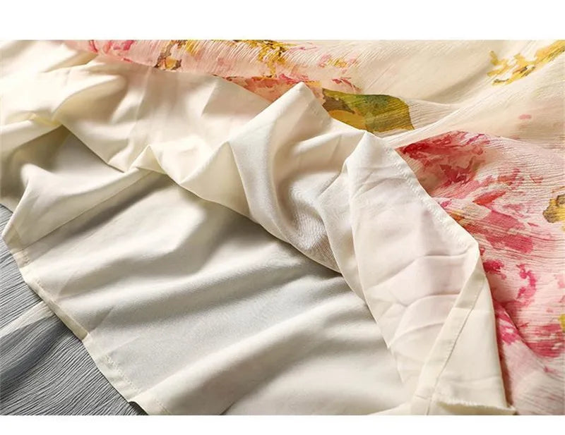 Limiguyue Summer Floral Print Silk Dresses Double Layers Ruffle Beaded Button A-Line Dress Elegant Chiffon Long Vestidos Z044