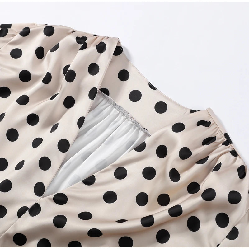 Satin Polka Dots V Neck Maxi Dress Suit Women Elegant Ribbon Full Sleeve Blouse Waist Cinching Long Skirt 2026 Lady Party Outfit