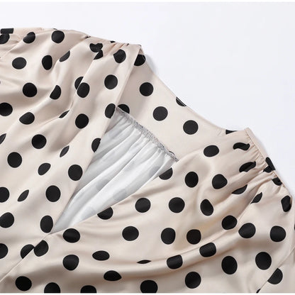 Satin Polka Dots V Neck Maxi Dress Suit Women Elegant Ribbon Full Sleeve Blouse Waist Cinching Long Skirt 2026 Lady Party Outfit