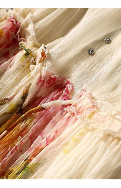 Limiguyue Summer Floral Print Silk Dresses Double Layers Ruffle Beaded Button A-Line Dress Elegant Chiffon Long Vestidos Z044