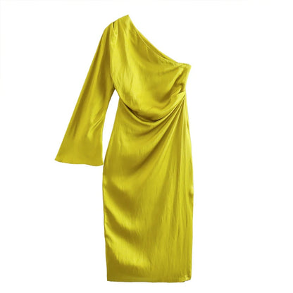 Sexy Women One Shoulder Long Sleeve Dresses Elegant Backless Split Side Slit Bodycon Dress 2023 Fashion Pleated Ladies Robe
