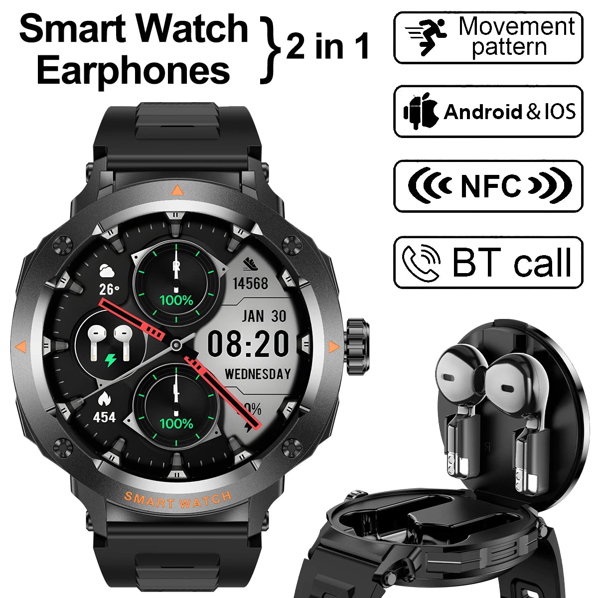 NFC Smart Watch Wireless Earphone 2 in1 Bluetooth Call Men Smart Watches Heart Rate Monitor Music Playing Headphones Smartwatch