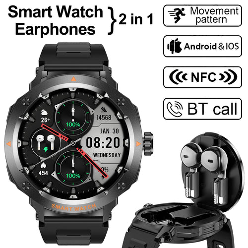 NFC Smart Watch Wireless Earphone 2 in1 Bluetooth Call Men Smart Watches Heart Rate Monitor Music Playing Headphones Smartwatch