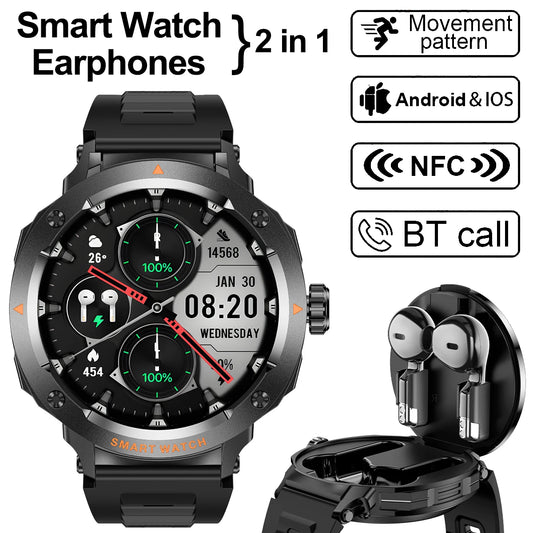 NFC Smart Watch Wireless Earphone 2 in1 Bluetooth Call Men Smart Watches Heart Rate Monitor Music Playing Headphones Smartwatch