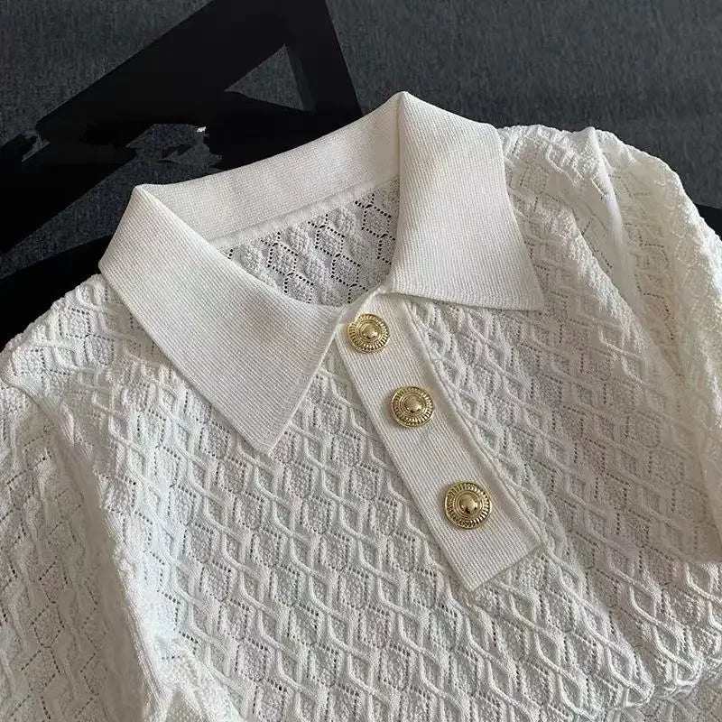 French High end Ice Silk Polo Shirt Women Summer Chic Thin Unique Jacquard Knitted Short Sleeve Loose White T-shirt Women Top