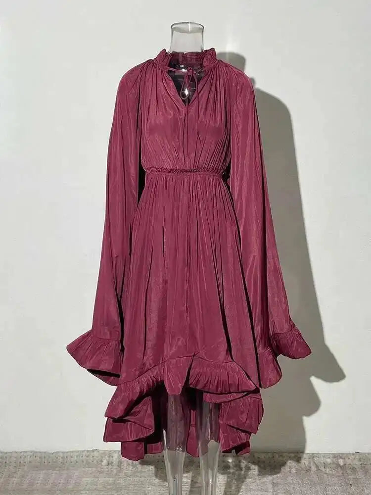 IEQJ Elegant Big Swing Irregular Ruffles Party Maxi Dresses For Women Cloak Sleeves Spliced Lace Up Pleated Dress 2025 New