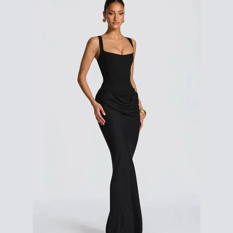 Sexy Luxury Pleated Sling Long Dress Women Elegant Solid Sleeveless Slim Fit Maxi Dresses 2026 Shinny Daily Lady Vestidos New