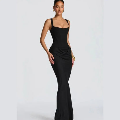 Sexy Luxury Pleated Sling Long Dress Women Elegant Solid Sleeveless Slim Fit Maxi Dresses 2026 Shinny Daily Lady Vestidos New