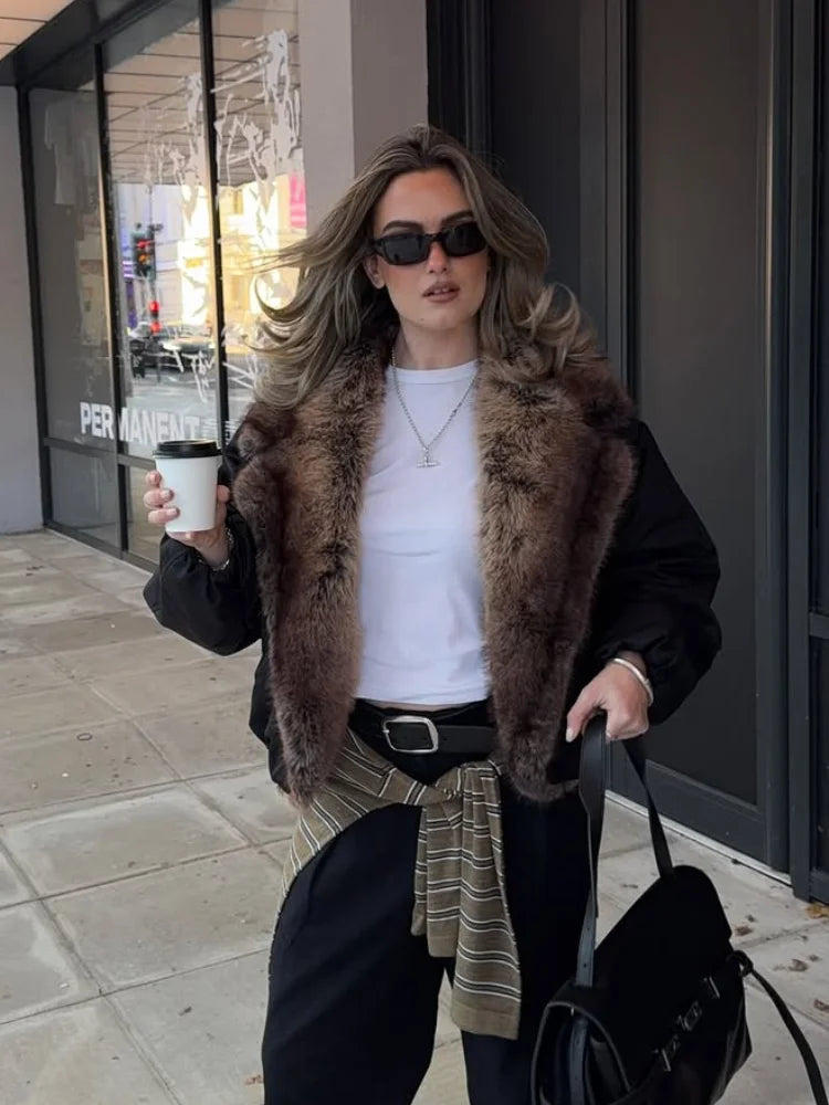 Brown Faux Fur Collar Leather Jacket Women Oversize Design Long Sleeve Coat 2025 Fashion Luxurious Versatile Bomber Outerwear