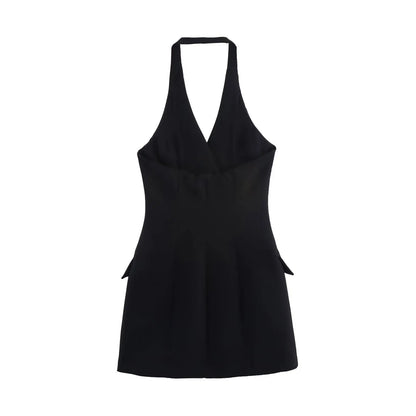 HH Female Sexy Mini Dress Grey Turn-Down Collar Sleeveless Backless Double Breasted Summer A-Line Dresses Woman New Trendy