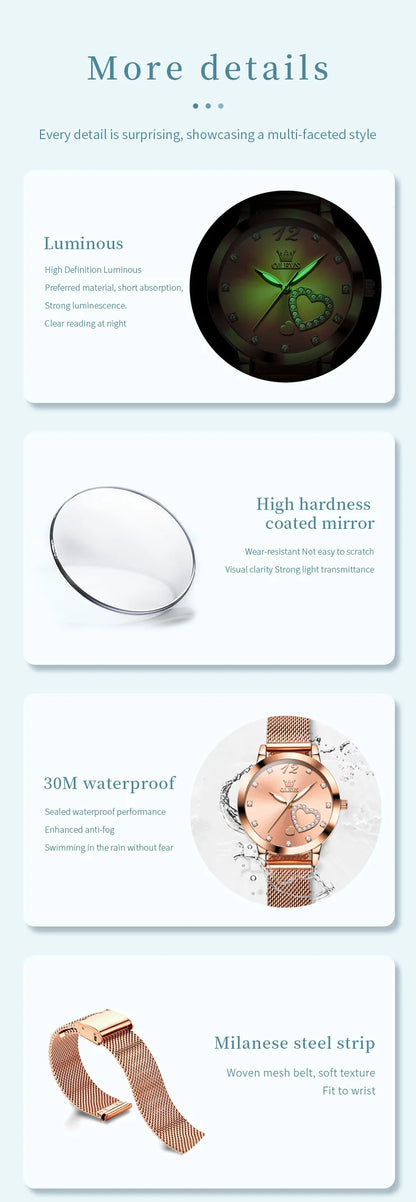 OLEVS 5189 Quartz Watch for Women Diamond Love Heart Design Fashion Elegant Rose Gold Mesh Steel Strap Waterproof Ladies Watches