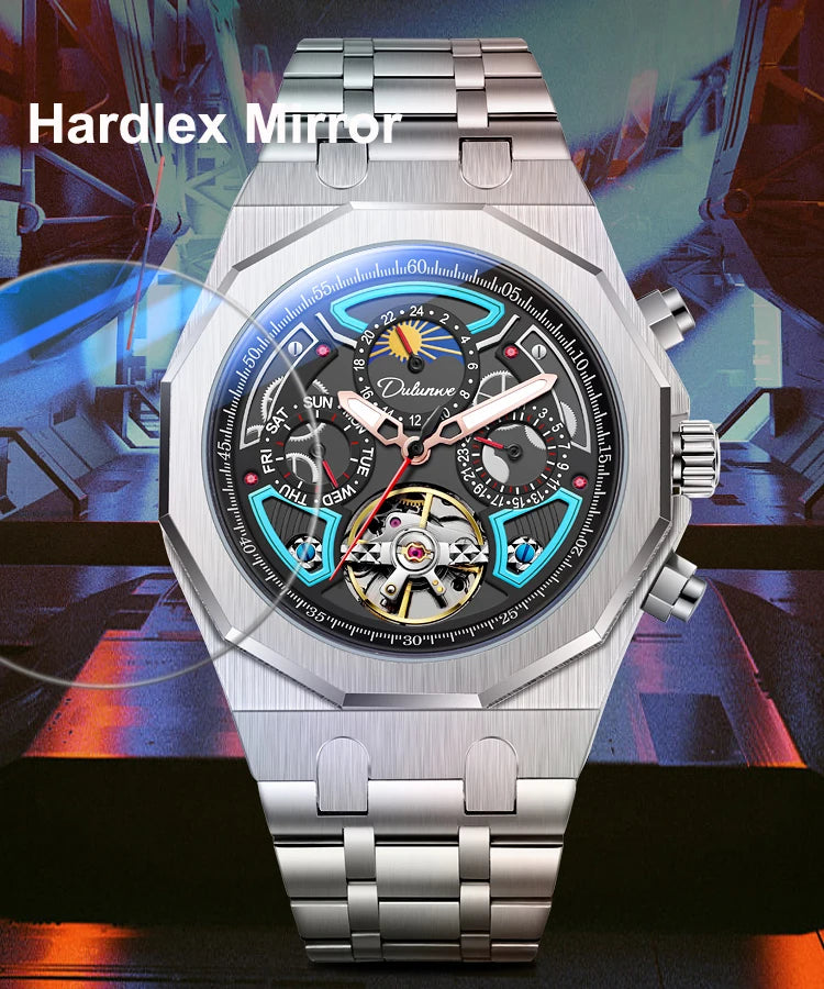 Luxury Tourbillon Watches Men Fashion Sport Rubber Strap Moon Phase Date Waterproof Automatic Mechanical Wrist Watch Man Reloj