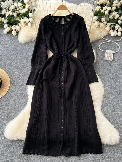 Women's Solid Single Breasted Hollow Out Knit Lace-up Dress Autumn Fashion Round Neck Elegant Festival Sweater Long Dresses 2024