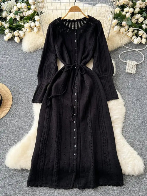 Women's Solid Single Breasted Hollow Out Knit Lace-up Dress Autumn Fashion Round Neck Elegant Festival Sweater Long Dresses 2024
