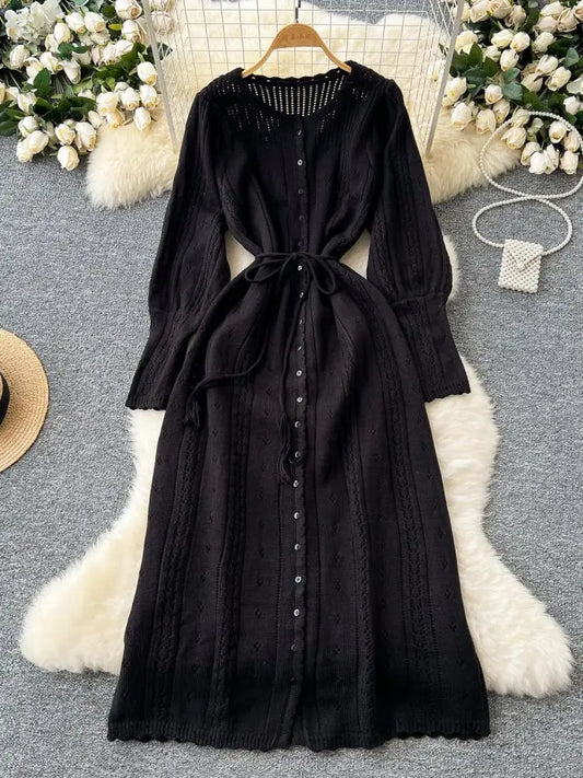 Women's Solid Single Breasted Hollow Out Knit Lace-up Dress Autumn Fashion Round Neck Elegant Festival Sweater Long Dresses 2024