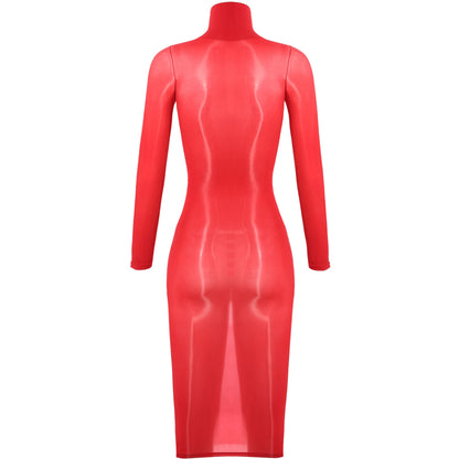 Womens See Though Bodycon Dress Sexy Lingerie Nightwear Long Sleeve Stretchy Glossy Dresses Tempting Party Pole Dancing Clubwear