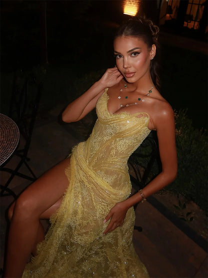 Cathy Customized Yellow Mermaid Lace Embroidery Prom Dresses Sequins Sleeveless vestidos de noiva Side High Split Formal Evening