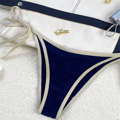 Vintage Blue Bikinis Set Triangle Border String Swimsuit Push Up Swimwear Backless Extrem Bikini Women Beach Outfit Bathing Suit