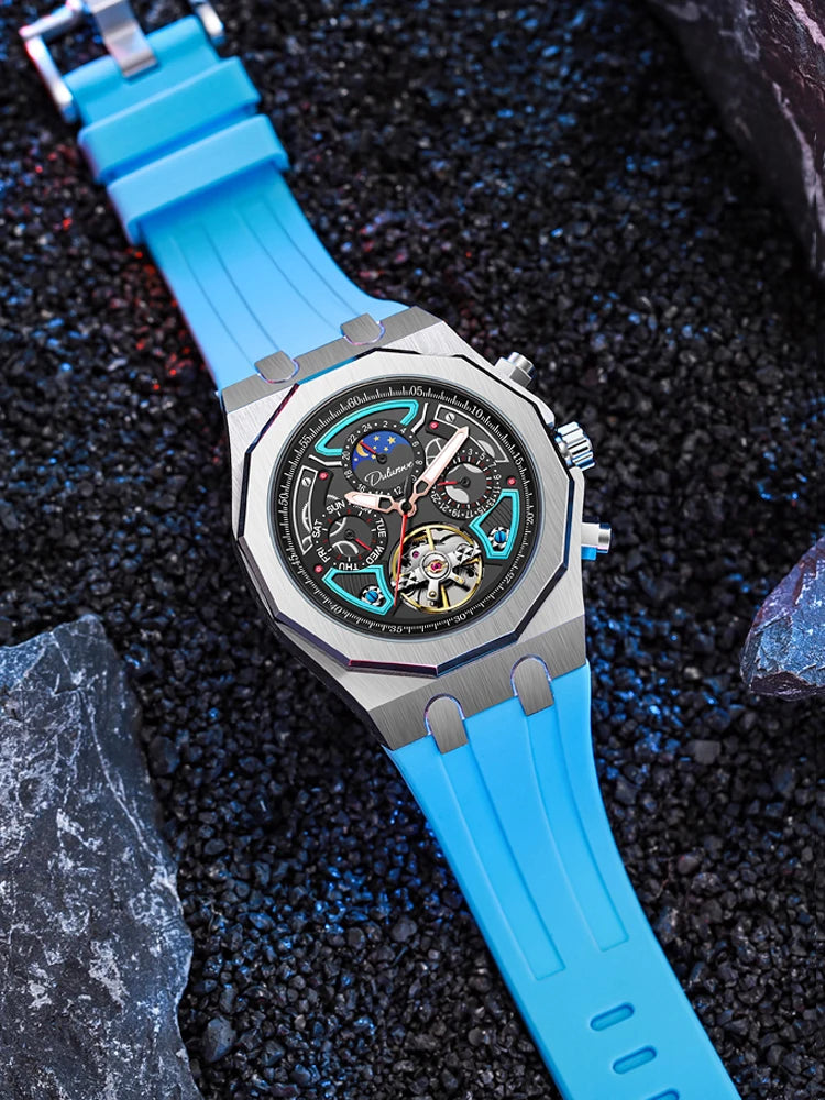 Luxury Tourbillon Watches Men Fashion Sport Rubber Strap Moon Phase Date Waterproof Automatic Mechanical Wrist Watch Man Reloj