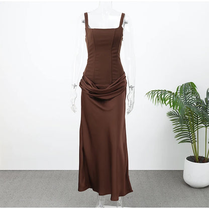 Solid Pleated Sling Dress Women Square Neck Sleeveless Off-shoulder Waist Cinching Slim Dresses Lady Evening Party Gowns 2025